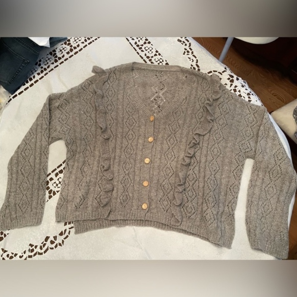 Greyish Taupe Knit Sweater With Ruffles & Wood Buttons - Picture 3 of 11